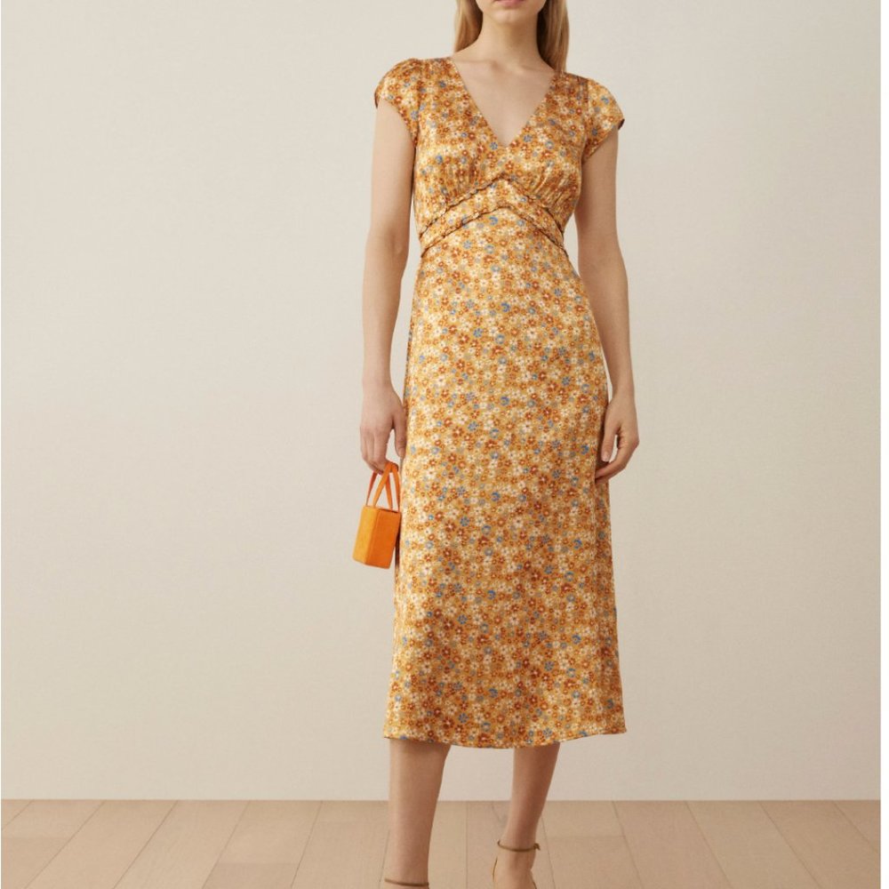 Reformation Kaye Gold Orange Floral Silk Midi Dress in Junie